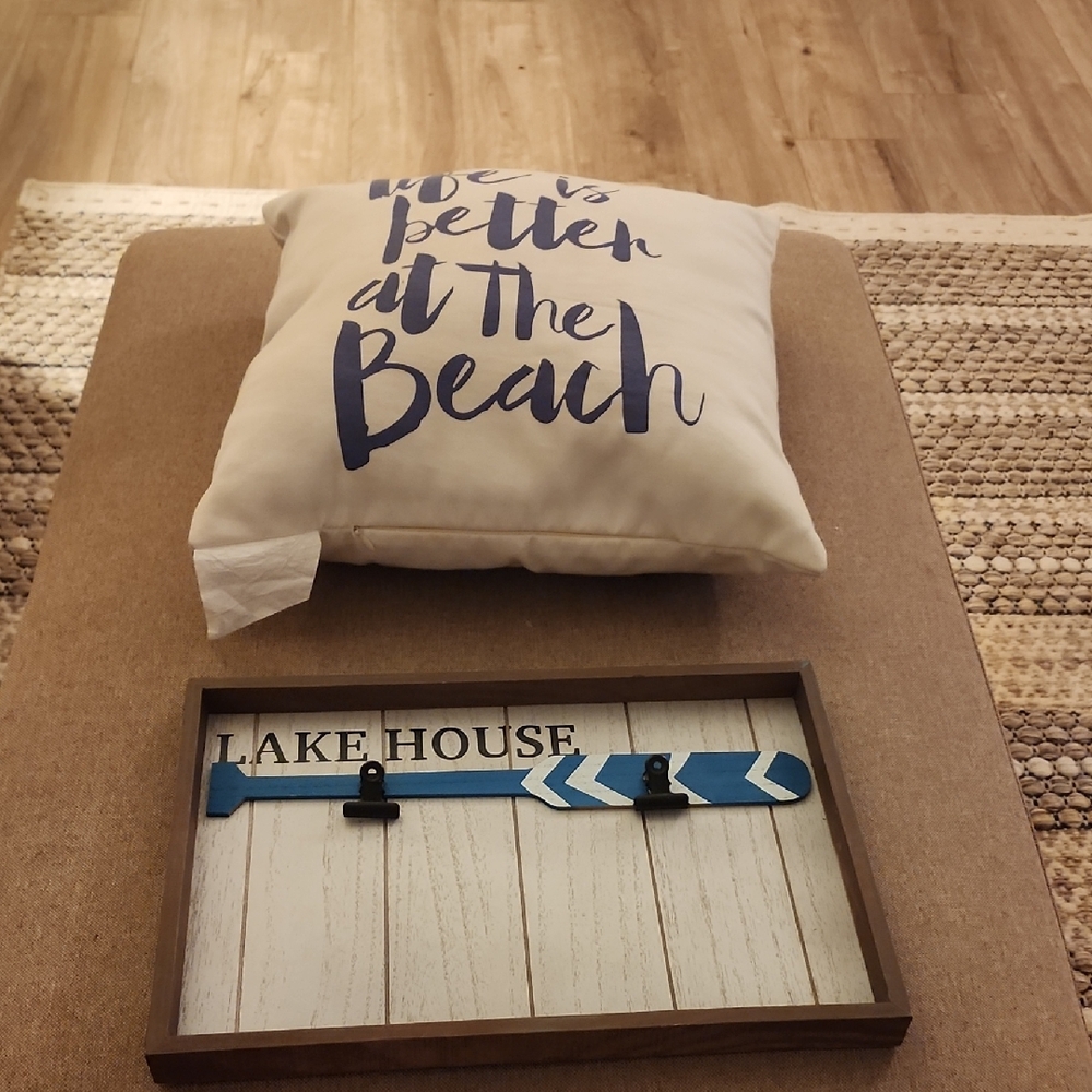 Source Unknown Cream and Blue Accent Pillow